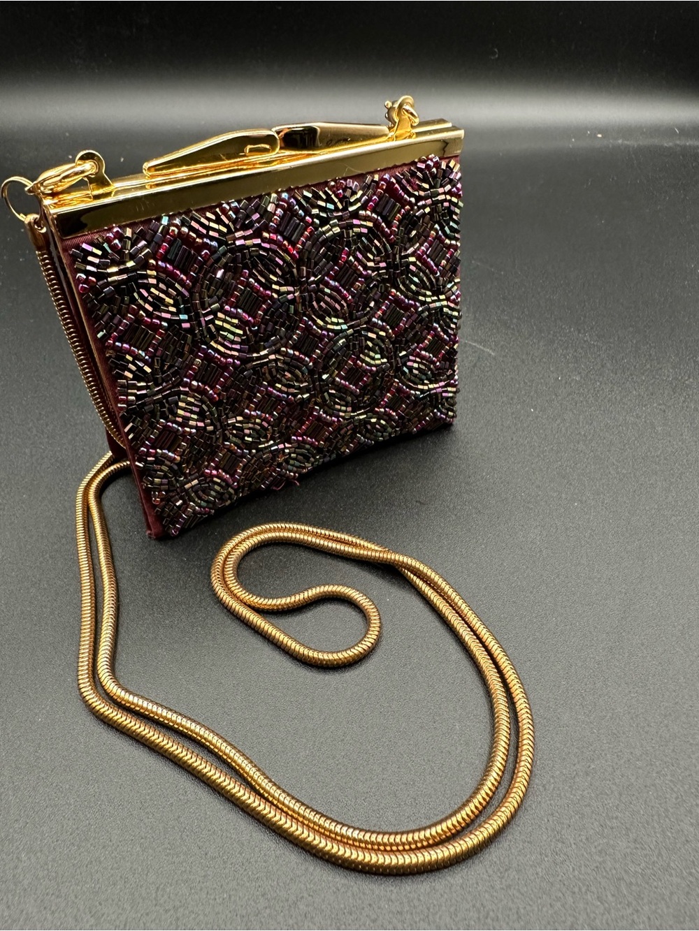 Inge Christopher Vintage Beaded Petite Clutch – Cranberry & Black Iridescent EUC